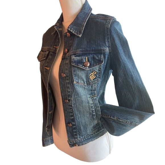 Rocawear Vintage Y2K Womens Jean Jacket Small Cropped Denim Dark Wash Beaded - Picture 1 of 16